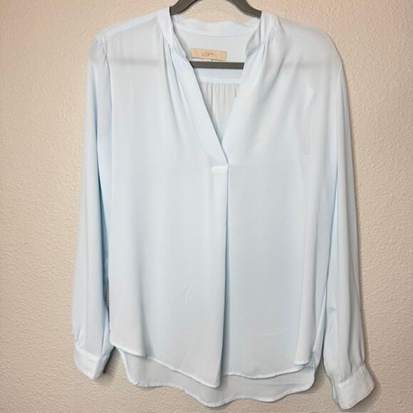 Loft Baby Blue Chiffon V-Neck Long Sleeve Blouse - Small - Picture 1 of 13